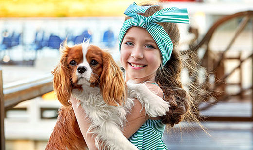 Smiling girl holding a Cavalier King Charles Spaniel puppy, showcasing the friendly and affectionate nature of puppies available at For King and Country Puppies.